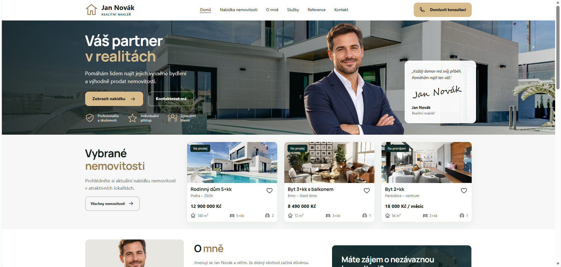 Ảnh chụp demo gốc của website môi giới bất động sản Jan Novák — nhân vật và thông tin minh họa.
